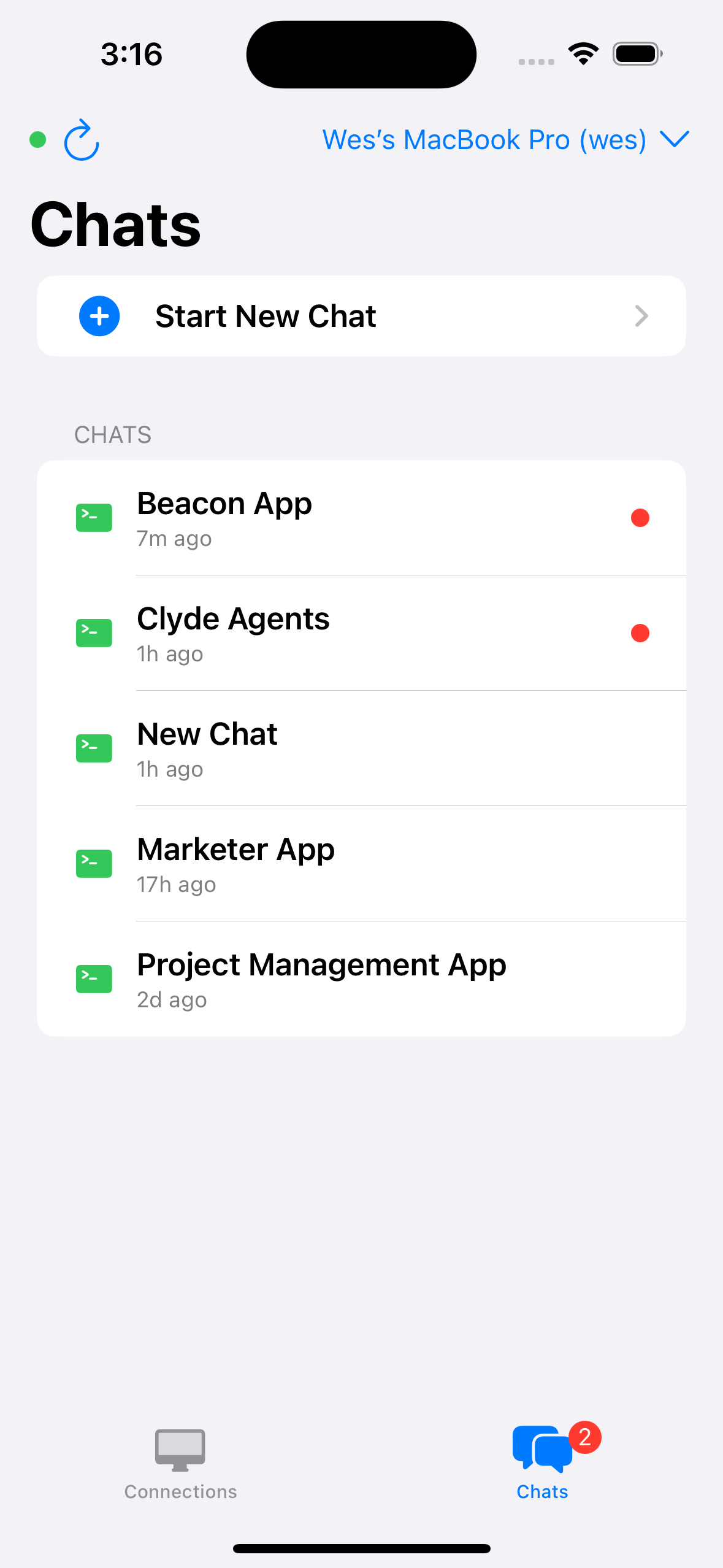 Beacon Chats list showing sessions across a Mac, with running ones marked.